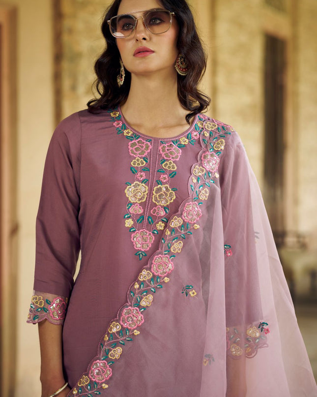 Fashion Dream WOMEN PURPLE Chanderi Silk Modal Designer Readymade Suit