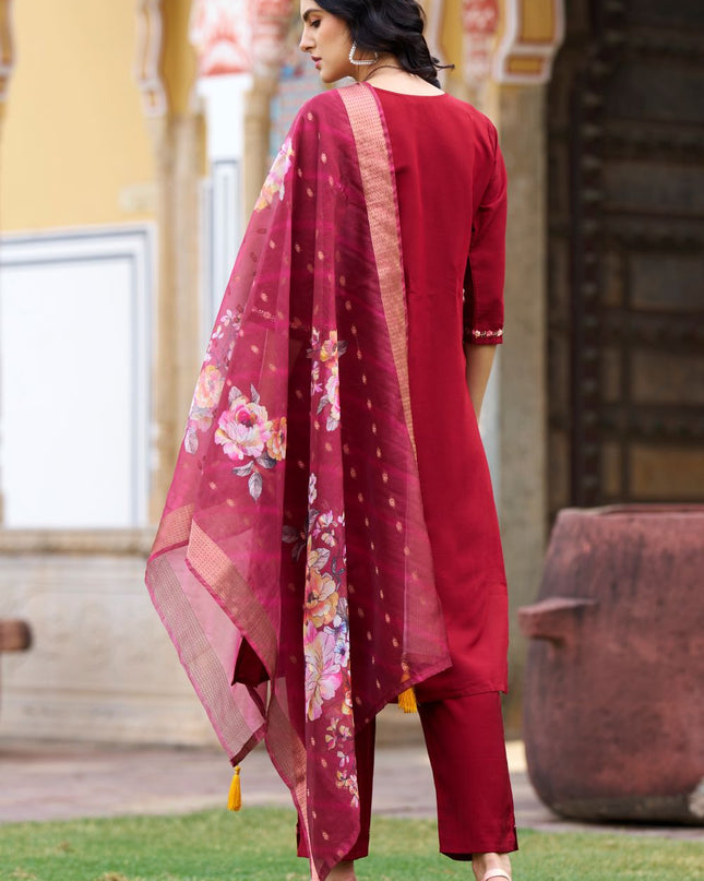 Fashion Dream WOMEN MAROON Viscos Roman Silk Designer Readymade Suit