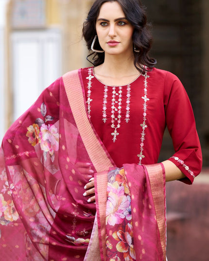 Fashion Dream WOMEN MAROON Viscos Roman Silk Designer Readymade Suit