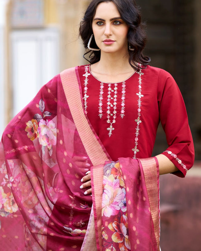 Fashion Dream WOMEN MAROON Viscos Roman Silk Designer Readymade Suit