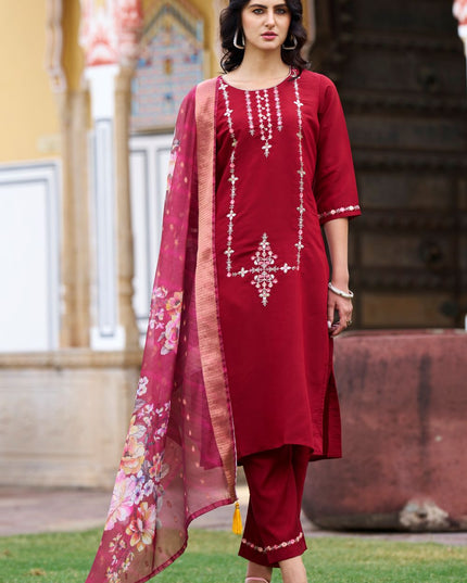 Fashion Dream WOMEN MAROON Viscos Roman Silk Designer Readymade Suit