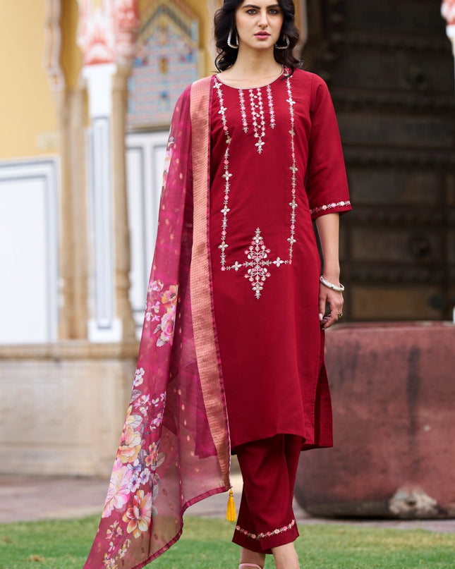Fashion Dream WOMEN MAROON Viscos Roman Silk Designer Readymade Suit