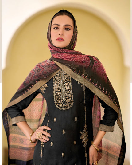 Fashion Dream WOMEN BLACK Viscose Self Jacquard Designer Readymade Suit
