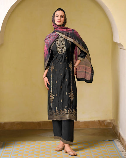 Fashion Dream WOMEN BLACK Viscose Self Jacquard Designer Readymade Suit