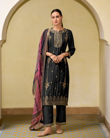Fashion Dream WOMEN BLACK Viscose Self Jacquard Designer Readymade Suit