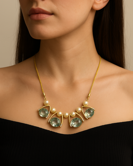 Elegant Stone & Pearl Gold-Tone Necklace