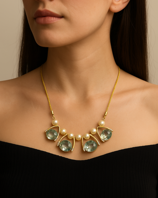 Elegant Stone & Pearl Gold-Tone Necklace