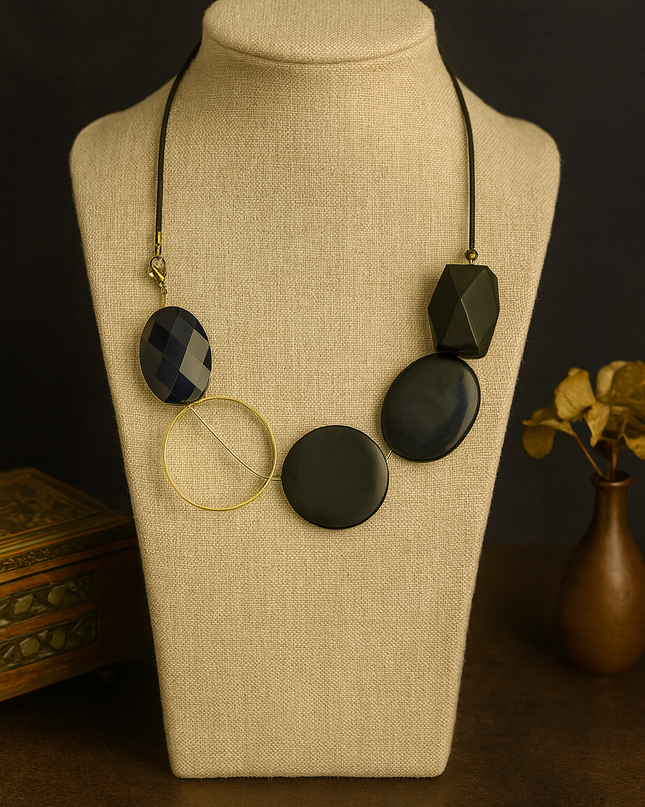 Bold Black Disc Statement Necklace with Gold Accent