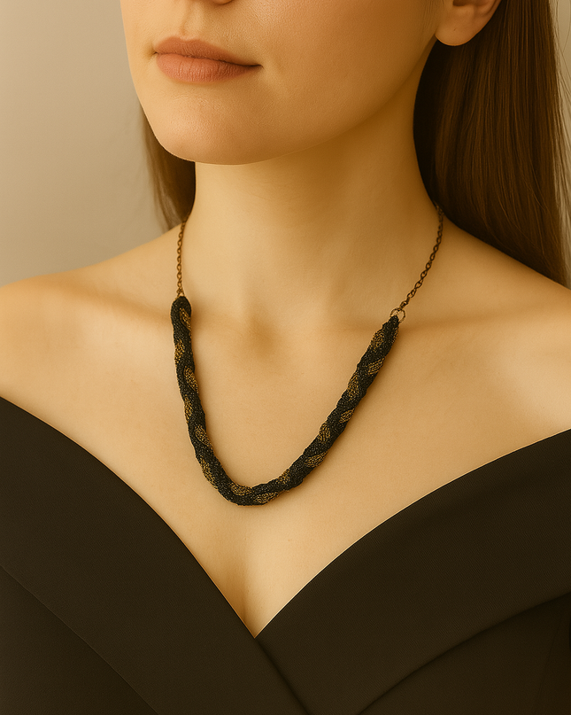 Twisted Black Thread Beaded Necklace