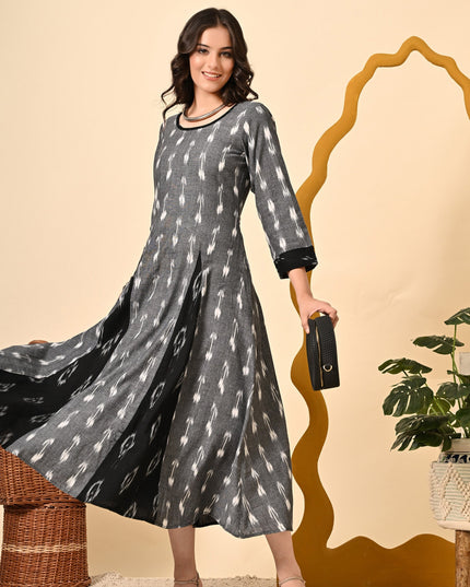 Grey Black Handloom Dress for Women