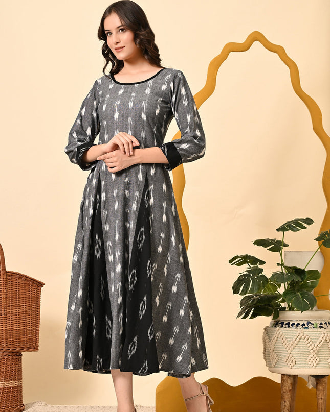 Grey Black Handloom Dress for Women