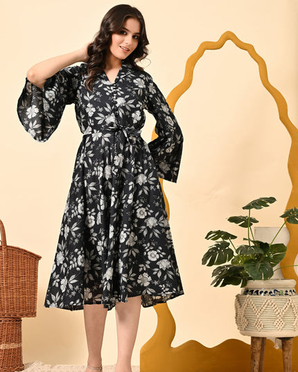 Black Floral Fit & Flare Dress for Women