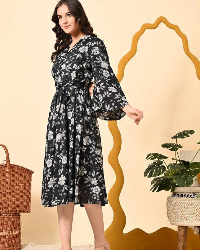 Black Floral Fit & Flare Dress for Women