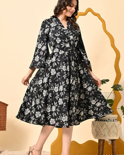Black Floral Fit & Flare Dress for Women
