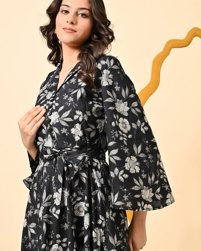 Black Floral Fit & Flare Dress for Women