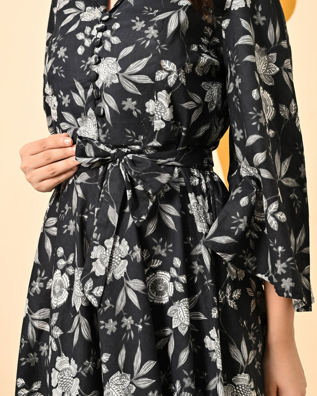 Black Floral Fit & Flare Dress for Women