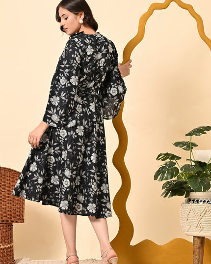 Black Floral Fit & Flare Dress for Women