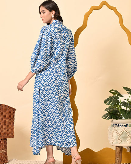 Stylish Blue Cotton A-Line Dress with Puff Sleeves