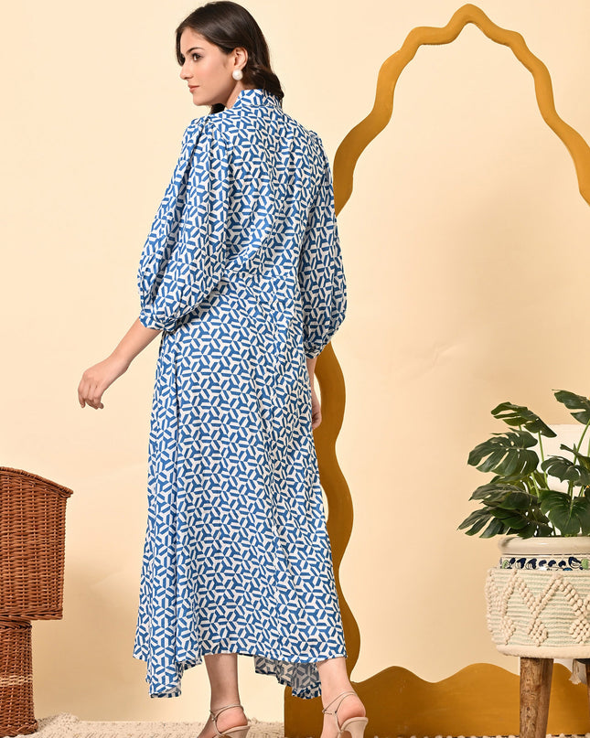 Stylish Blue Cotton A-Line Dress with Puff Sleeves