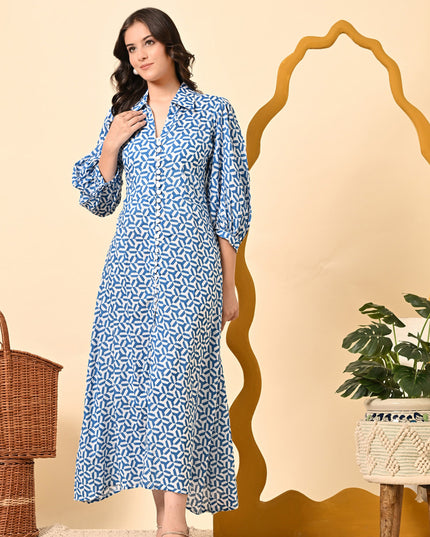 Stylish Blue Cotton A-Line Dress with Puff Sleeves