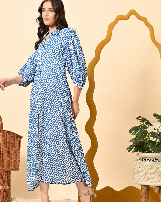 Stylish Blue Cotton A-Line Dress with Puff Sleeves