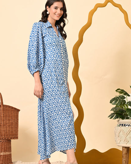 Stylish Blue Cotton A-Line Dress with Puff Sleeves
