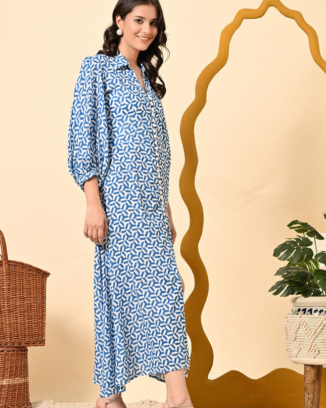 Stylish Blue Cotton A-Line Dress with Puff Sleeves
