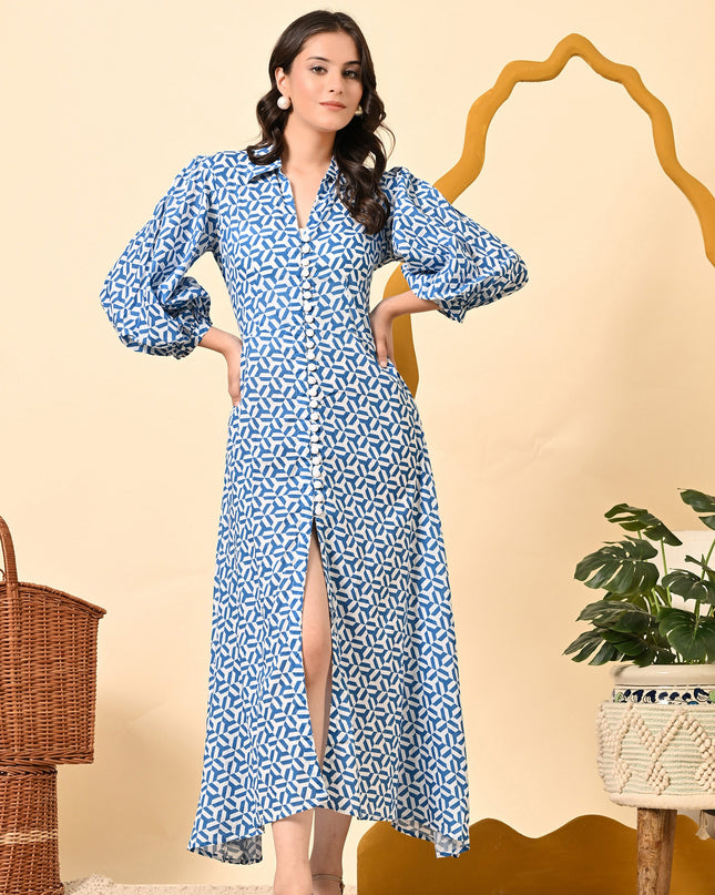 Stylish Blue Cotton A-Line Dress with Puff Sleeves