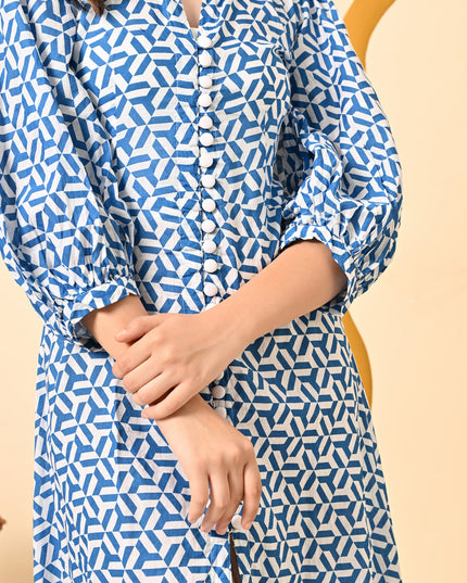 Stylish Blue Cotton A-Line Dress with Puff Sleeves