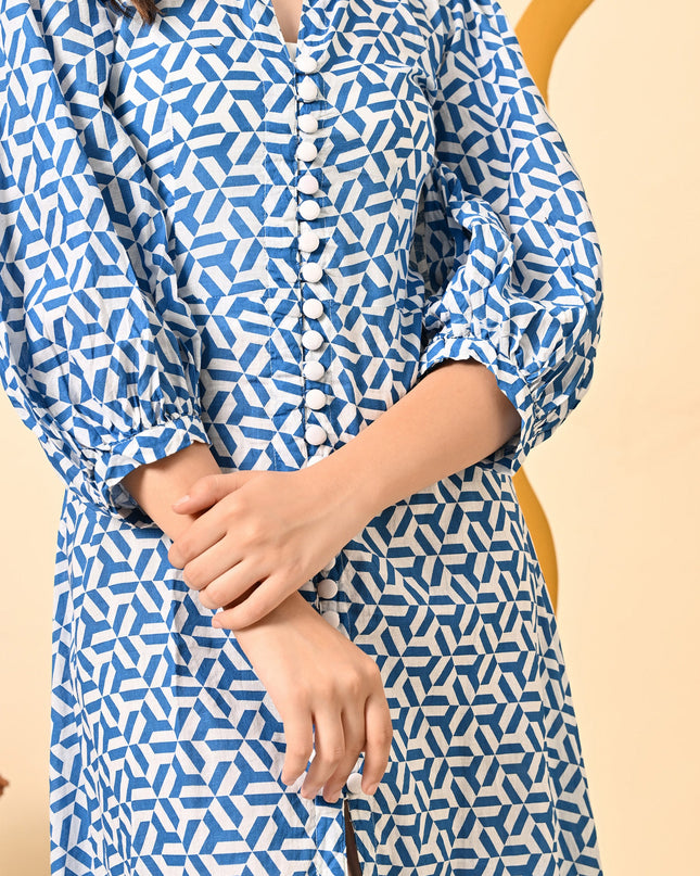Stylish Blue Cotton A-Line Dress with Puff Sleeves