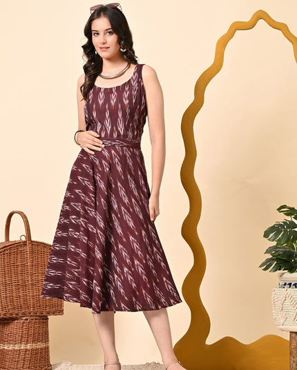 Maroon Ikat Handloom Fit & Flare Dress for Women