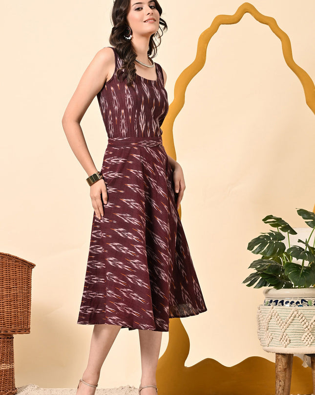 Maroon Ikat Handloom Fit & Flare Dress for Women