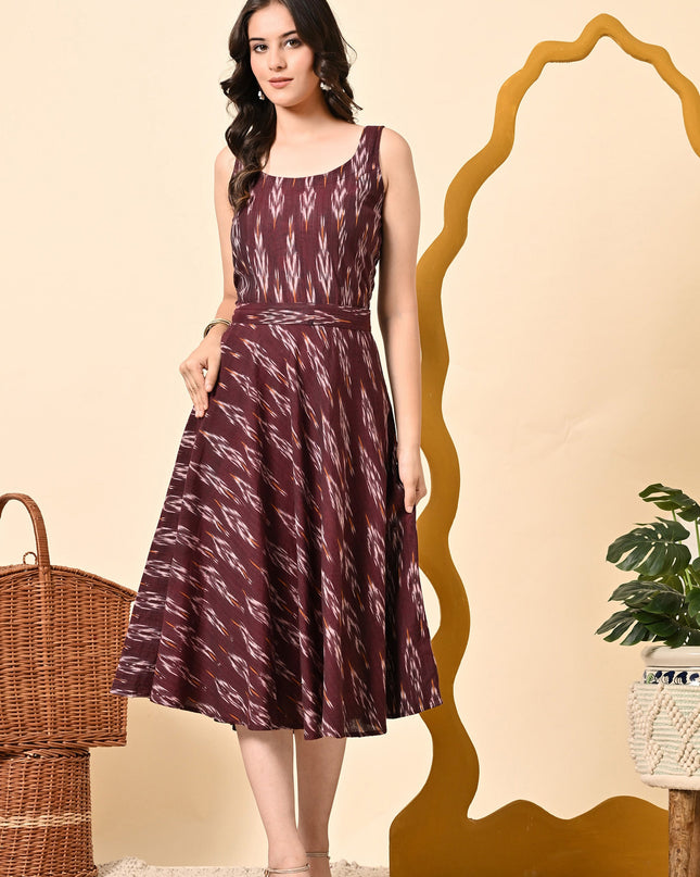 Maroon Ikat Handloom Fit & Flare Dress for Women