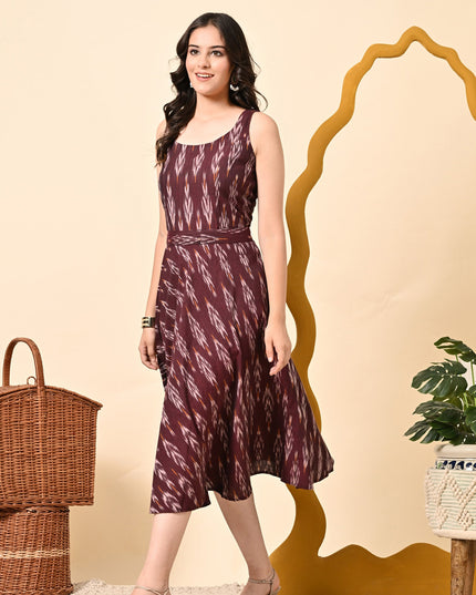 Maroon Ikat Handloom Fit & Flare Dress for Women