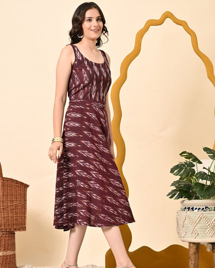 Maroon Ikat Handloom Fit & Flare Dress for Women
