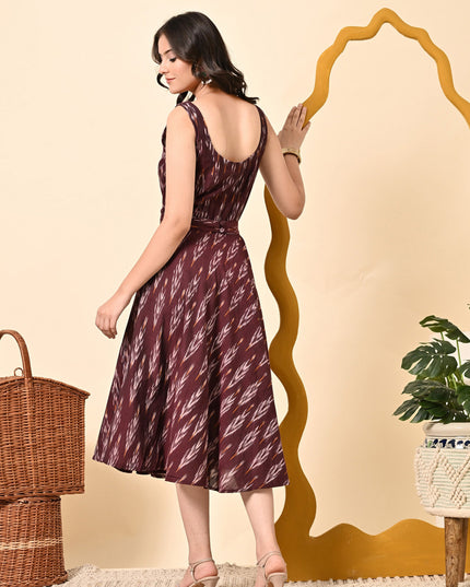 Maroon Ikat Handloom Fit & Flare Dress for Women