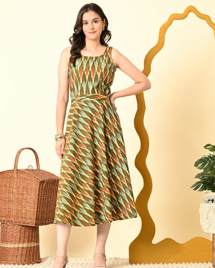 Multicolor Ikat Handloom Fit & Flare Dress for Women