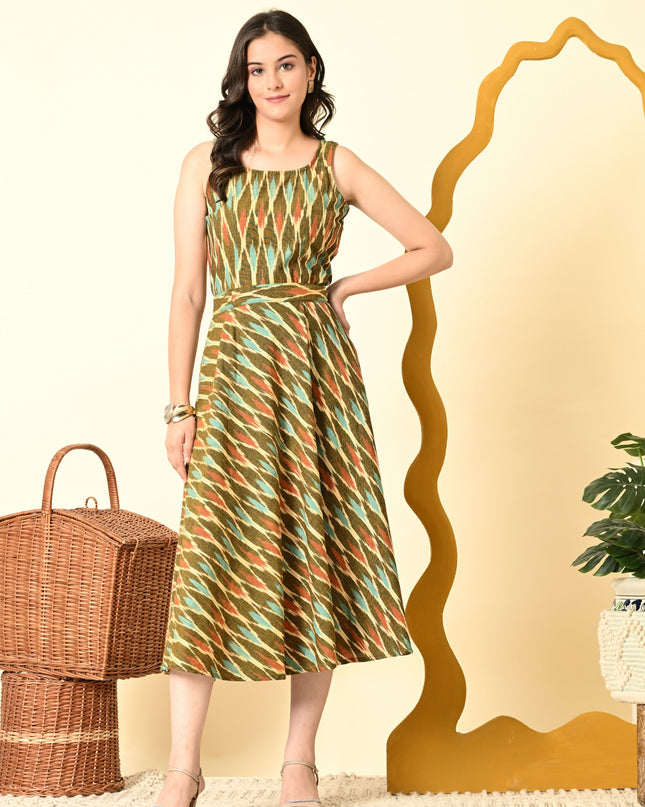 Multicolor Ikat Handloom Fit & Flare Dress for Women