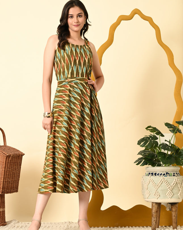 Multicolor Ikat Handloom Fit & Flare Dress for Women