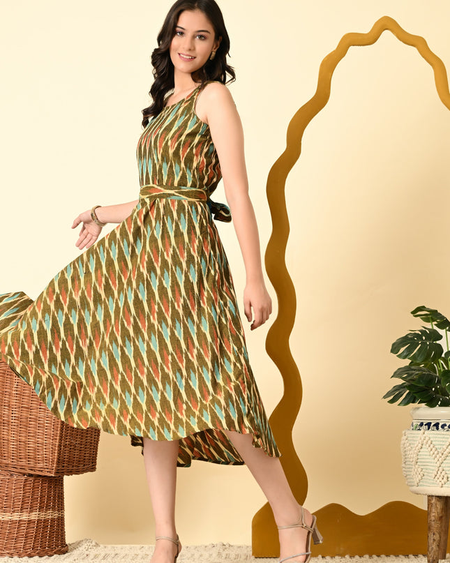 Multicolor Ikat Handloom Fit & Flare Dress for Women