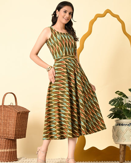 Multicolor Ikat Handloom Fit & Flare Dress for Women