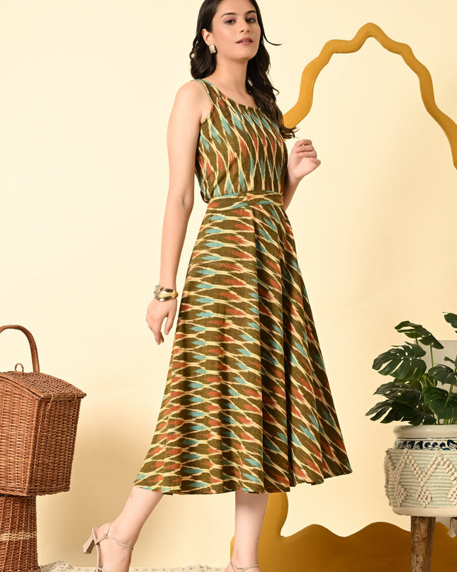 Multicolor Ikat Handloom Fit & Flare Dress for Women