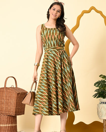 Multicolor Ikat Handloom Fit & Flare Dress for Women