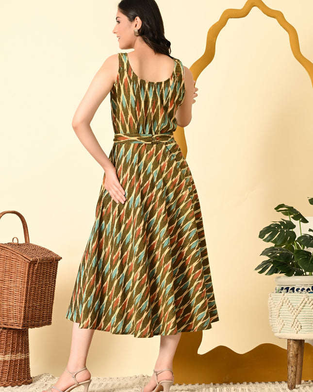 Multicolor Ikat Handloom Fit & Flare Dress for Women