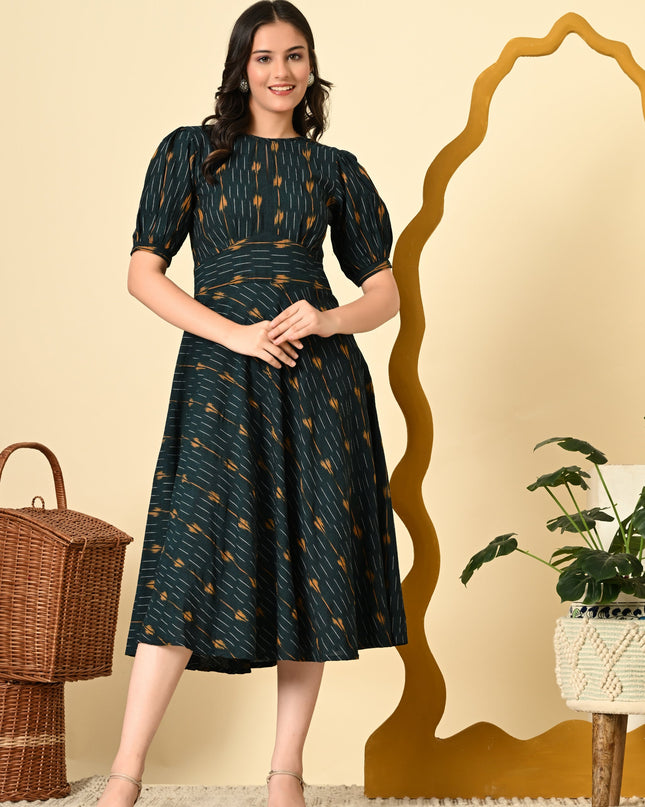 High Waist Belted Ikat Dress for Women