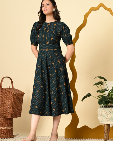 High Waist Belted Ikat Dress for Women