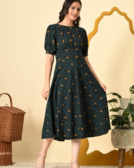 High Waist Belted Ikat Dress for Women