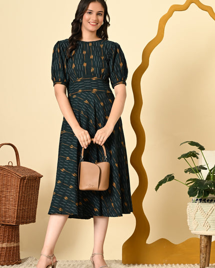 High Waist Belted Ikat Dress for Women