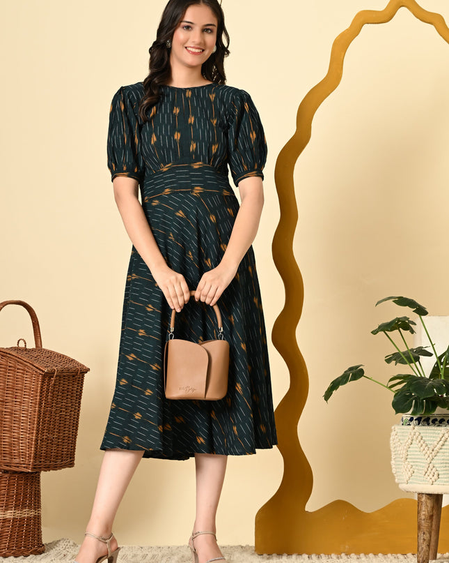 High Waist Belted Ikat Dress for Women