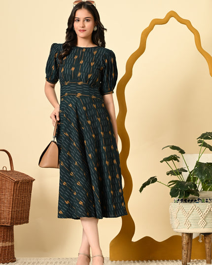 High Waist Belted Ikat Dress for Women